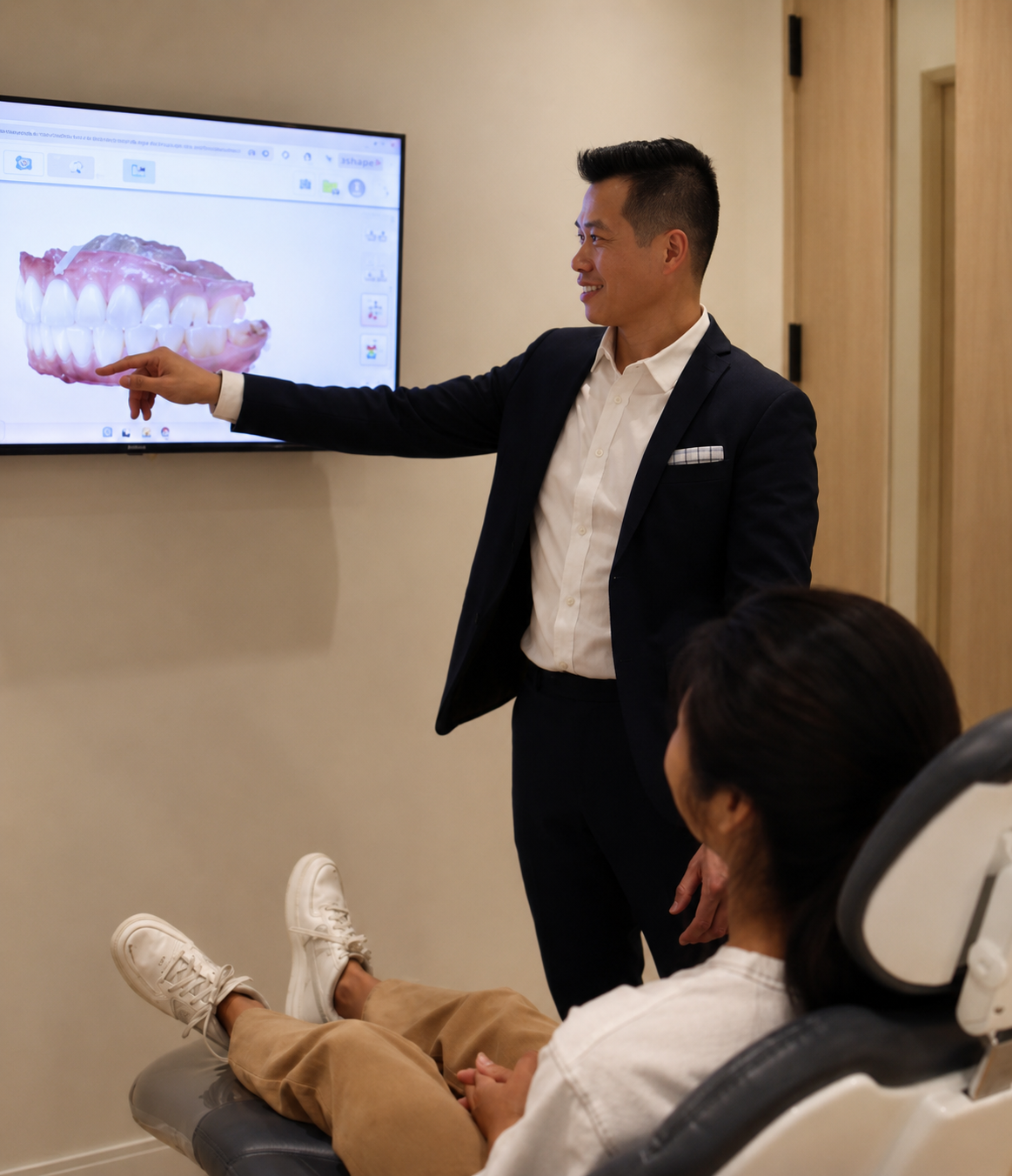 Dr. Banh explaining dental x-rays to a patient at Rise Dental